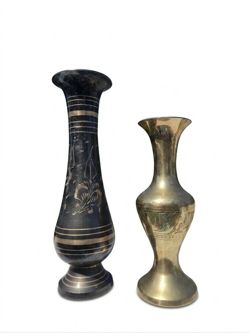 Vintage MCM Indian Brass Etched Vases, Mixed Finish Black & Polished Brass Set